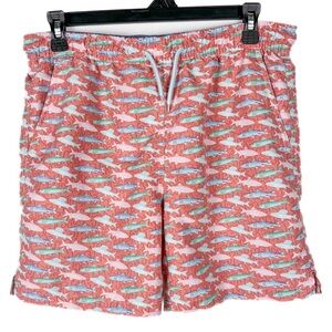 Peter Millar Swim Trunks Mens Small Coral Pink Trout Fish All Over Print Surf